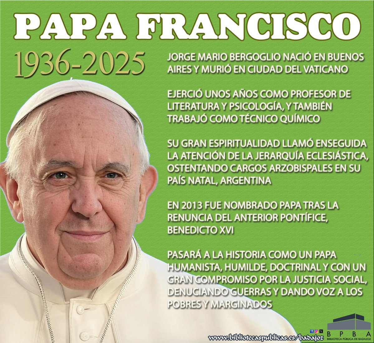 Homenajeamos a los recientemente fallecidos papa Francisco y Mario Vargas Llosa realizando sendos centros de interés en el vestíbulo de la biblioteca, donde encontrarás obras que podrás leer en las instalaciones o llevártelas en préstamo. #Badajoz #PapaFrancesco #mariovargasllosa