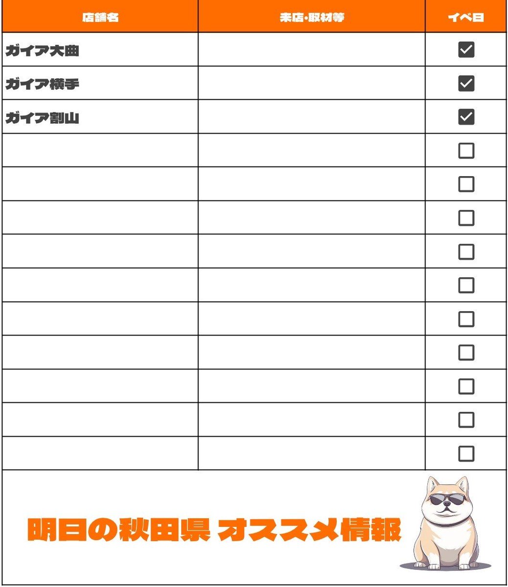 ✪ 4月23日 < 秋田県 >
━ 🎪EVENTS  ━━

❏ ガイア系列
└ 特定日

※特定日は画像を参照