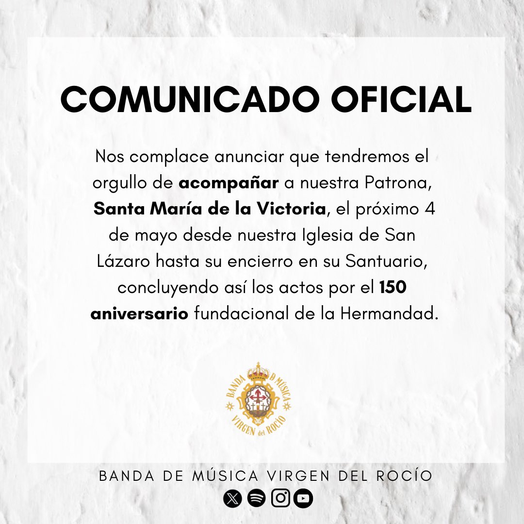 El 4 de mayo tendremos el inmenso honor de recibir en San Lázaro a la Nuestra Patrona, y acompañarla hasta su entrada triunfal en su Santuario, desde donde es desde hace siglos, norte y guía de los malagueños.

¡Gloria a Ti, Patrona de esta mi tierra!

#SuenaelRocío #CofradiasMLG