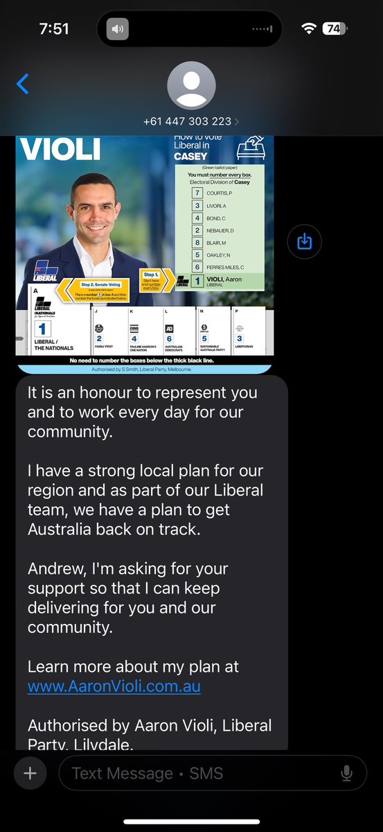 Intriguing that I get this text from our local goblin/member and my darling wife did not… Same goes for LNP voting info/propaganda I got in the mail a couple of weeks ago. Mrs F quipped maybe it was because they know she’s a lost cause? 🤔😆

#auspol
#politicalmisogyny