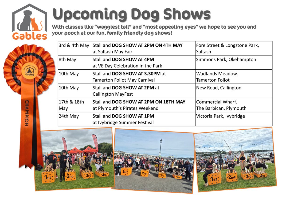 COULD YOUR DOG WIN THE COVETED CHAMPION ROSETTE?! 🐶

We have loooads of dog shows coming up this May! So if your pooch is ready to take centre stage we hope to see you very soon!

You can see everywhere we're going to be our website here: gables.org.uk/gablesfarm-eve…
