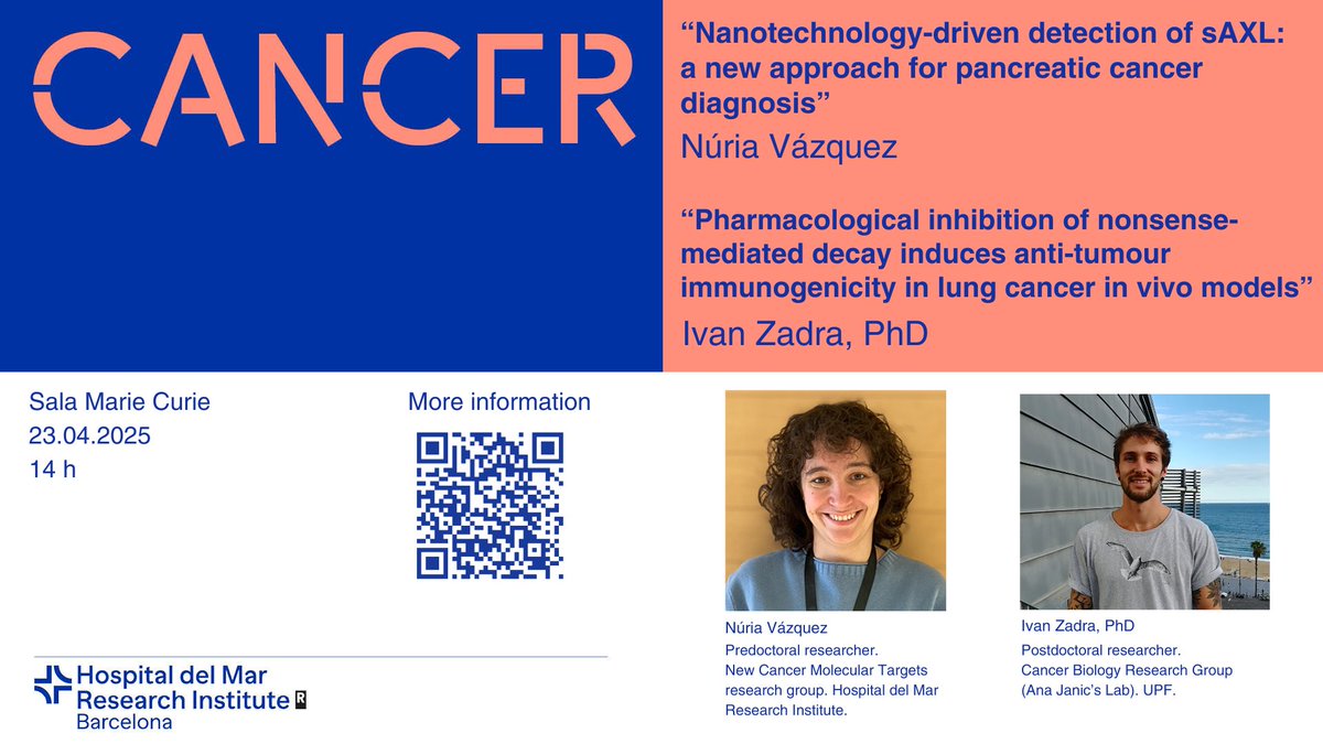 HMar Research Institute (@hmar_research) on Twitter photo Join us for the next session of the #Cancer Research Program
📆23/04 at ⏰14:00h 📍Marie Curie room
Talks by <a href="/nuriavazquezbe/">Núria Vázquez-Bellón 👩🔬</a> <a href="/PNavarro_Lab/">Pilar Navarro Lab</a> (@hmar_research) and Iván Zandra (<a href="/UPFbiomed/">UPF Medicine and Life Sciences</a>)
Don't miss it!
👉researchmar.net/agenda/946/ Join us for the next session of the #Cancer Research Program
📆23/04 at ⏰14:00h 📍Marie Curie room
Talks by <a href="/nuriavazquezbe/">Núria Vázquez-Bellón 👩🔬</a> <a href="/PNavarro_Lab/">Pilar Navarro Lab</a> (@hmar_research) and Iván Zandra (<a href="/UPFbiomed/">UPF Medicine and Life Sciences</a>)
Don't miss it!
👉researchmar.net/agenda/946/