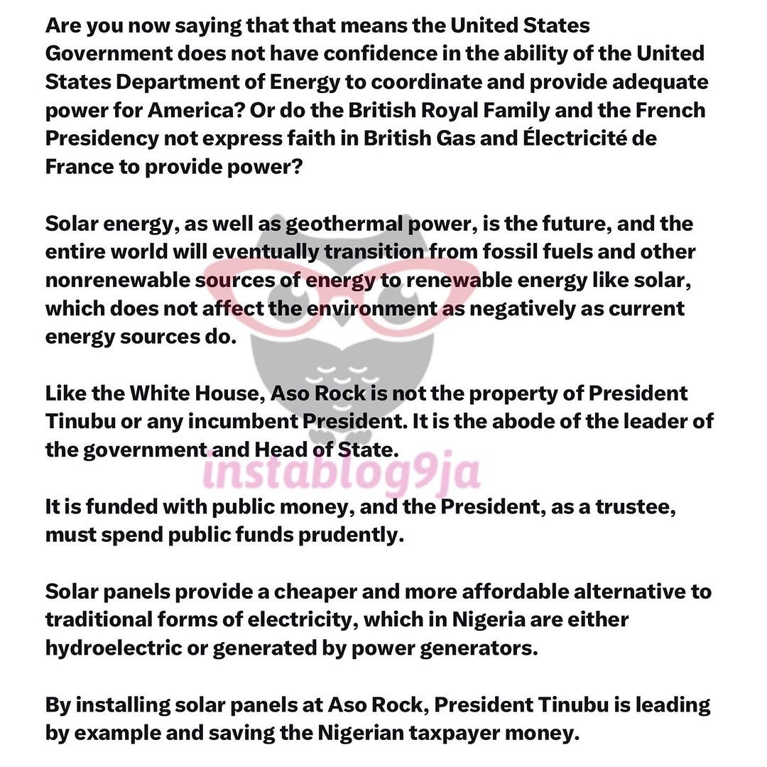 instablog9ja's tweet photo. Pres. Tinubu will be saving Taxpayers' money with the N10b solar project for the presidential villa - Reno Omokri. https://t.co/3Ac6WVv9S9
