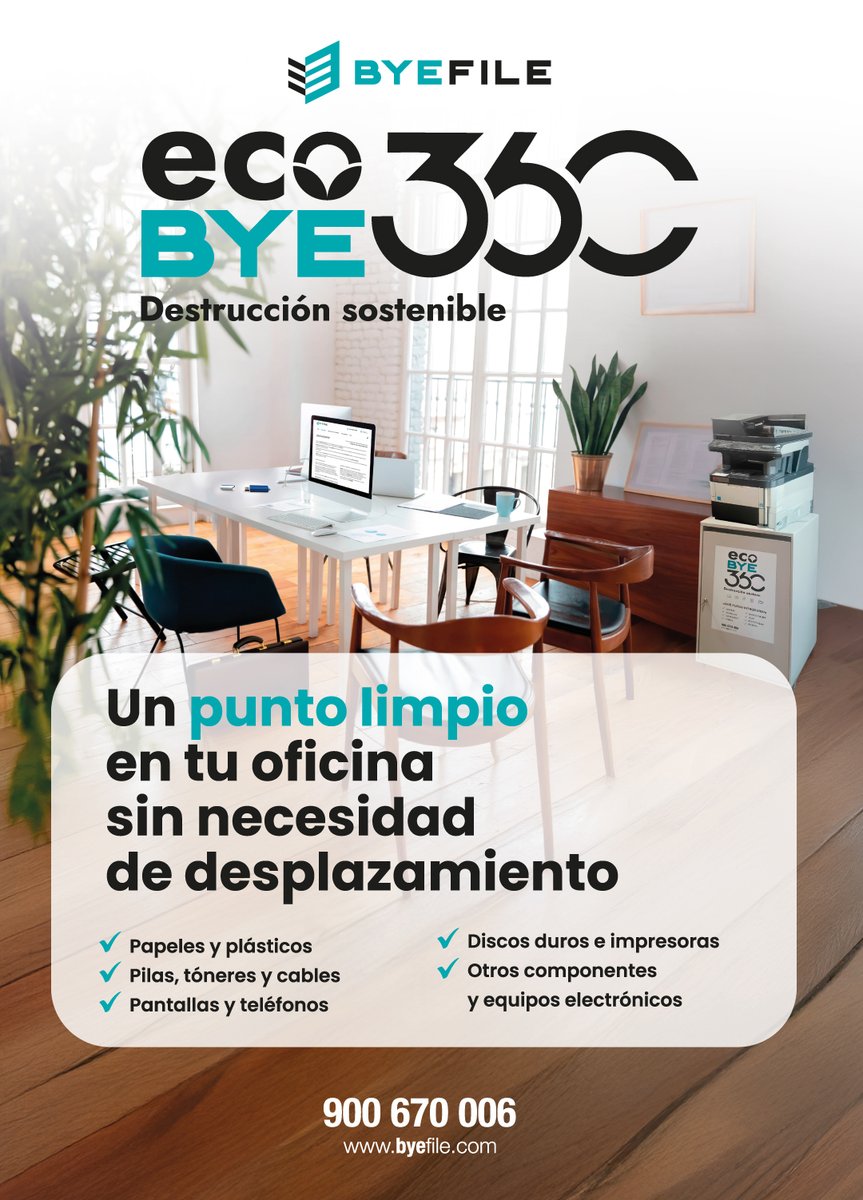 🔴¡Tu oficina no es un vertedero! Con #EcoBye360, líbrate de:
✅ Papeles y plásticos
✅ Pilas, tóneres y cables
✅ Pantallas, teléfonos, discos duros, impresoras y más.

Obtén tu contenedor llamando al 900 670 006 o escríbenos a contacto@byefile.com

#DestrucciónDocumentos
