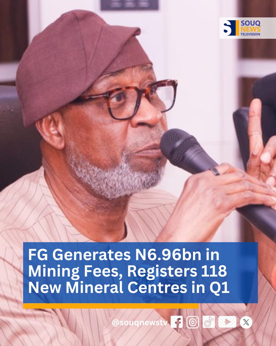 SOUQNewsTV's tweet image. The Federal Government generated N6.96 billion from mining fees and registered 118 new private mineral buying centres in Q1 2025, according to the Minister of Solid Minerals Development, Dr Dele Alake. 

#MiningNigeria #DeleAlake #SolidMinerals #FGRevenue  #MiningReform