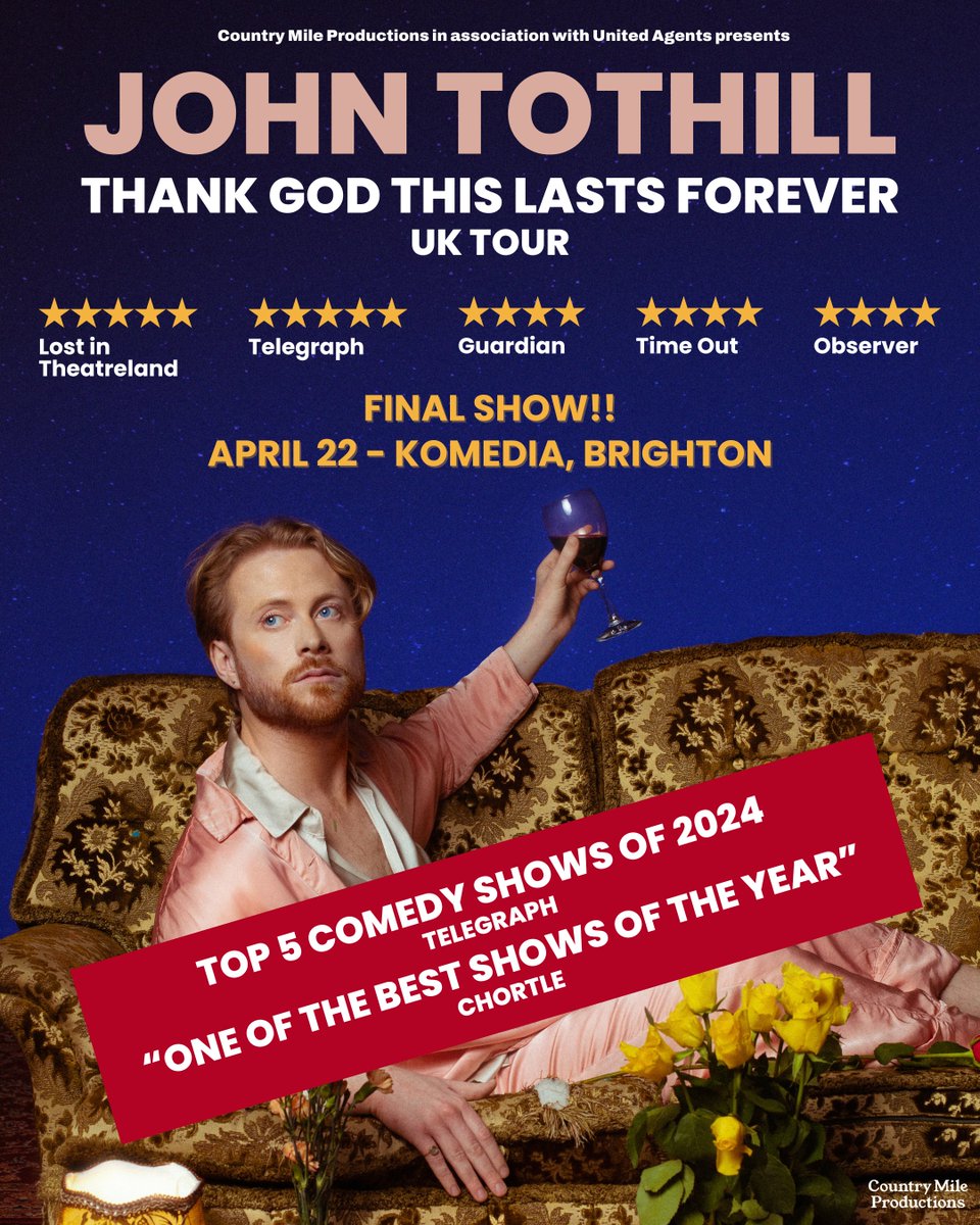 Country Mile Productions (@countrymileprod) on Twitter photo 💥 TONIGHT at <a href="/KomediaBrighton/">Komedia Brighton</a> 💥
The final performance of John Tothill's critically-acclaimed show Thank God This Lasts Forever!
Grab a ticket now and catch the show whilst you still can 🧨🍷
komedia.co.uk/shows/john-tot… 💥 TONIGHT at <a href="/KomediaBrighton/">Komedia Brighton</a> 💥
The final performance of John Tothill's critically-acclaimed show Thank God This Lasts Forever!
Grab a ticket now and catch the show whilst you still can 🧨🍷
komedia.co.uk/shows/john-tot…