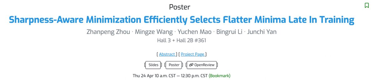 zhanpeng_zhou's tweet image. First day of #ICLR2025, I will present "Sharpness-Aware Minimization Efficiently Selects Flatter Minima Late In Training." (Spotlight!)
We found that even few epochs of SAM applied at the end of training could significantly improve the generalization.
See you on 24th!