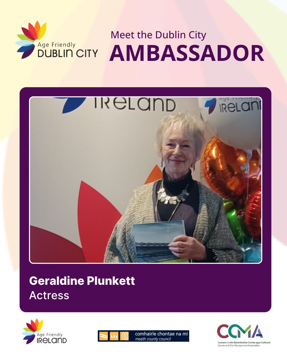 Meet the Dublin City #AgeFriendlyIreland Ambassador, Geraldine Plunkett  ✨

Geraldine is a famous Irish actress and says "it's an honour to be an ambassador of Age Friendly Ireland." Geraldine supports the work of the Age Friendly Dublin programme through @dublincitycouncil