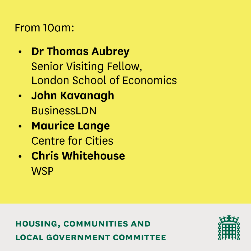 CommonsHCLG's tweet photo. In the first evidence session of our inquiry into Land Value Capture, we'll hear from @CentreForCities, @_BusinessLDN, @WSP_UKI, @TheTCPA, @RICSNews, @TfL, @NHC and @ThomasAubreyCCA.