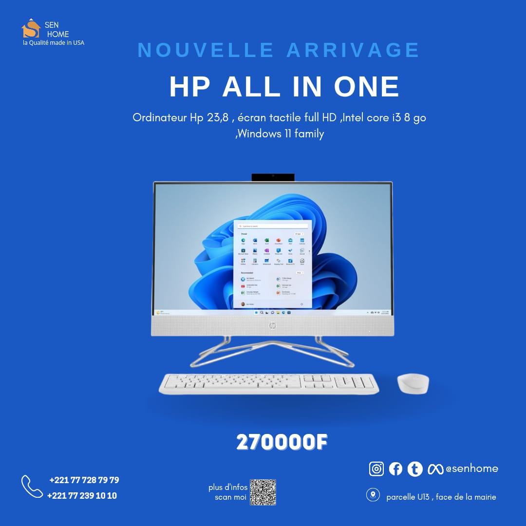 senhome11's tweet photo. 🚀 HP All-in-One 24-df1053w : Élégance et Performance ! 🖥️
Chez SEN HOME, offrez-vous cet ordinateur tout-en-un HP 23,8 pouces importé des États-Unis, conçu pour simplifier votre quotidien technologique !
#HPAllInOne #OrdinateurTactile #IntelCorei3 #Windows11 #TravailEfficace https://t.co/0CpI0jHhyx