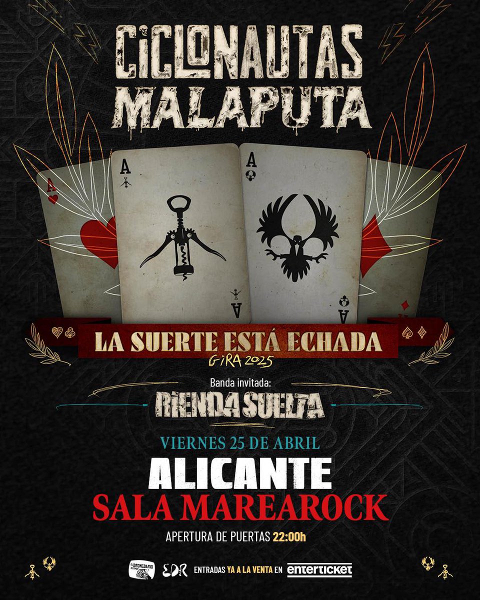 Este fin de semana continúa el Rock!!! 

Les esperamos el viernes junto a Malaputa y Rienda suelta en la sala MareaRock de Alicante.  

Entradas aquí; enterticket.es/eventos/ciclon…