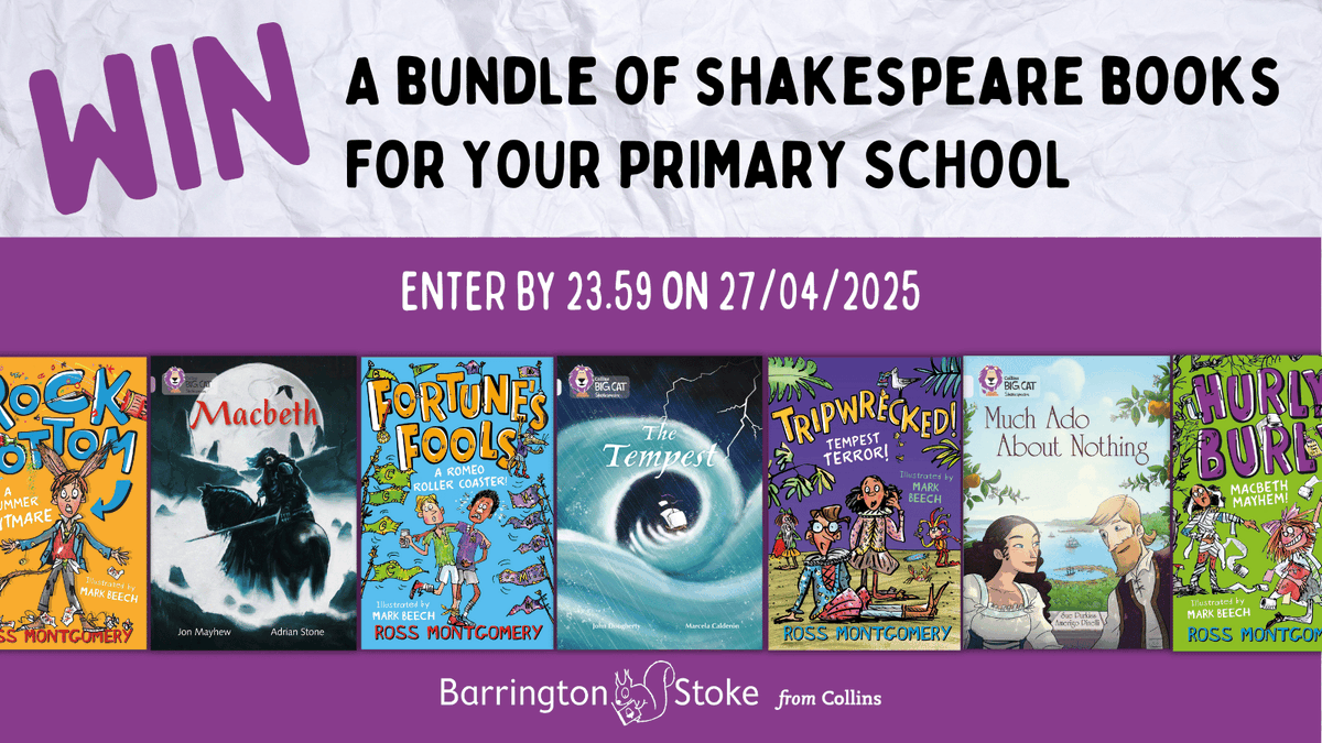 Barrington Stoke (@barringtonstoke) on Twitter photo To celebrate #NationalShakespeareDay on 23 April, we're offering you the chance to win a bundle of #Shakespeare-inspired stories for primary schools, incl. the complete set of Shakespeare Shake-ups from <a href="/mossmontmomery/">Ross Montgomery</a> & a selection of Shakespeare retellings from #Collins. (1/2) To celebrate #NationalShakespeareDay on 23 April, we're offering you the chance to win a bundle of #Shakespeare-inspired stories for primary schools, incl. the complete set of Shakespeare Shake-ups from <a href="/mossmontmomery/">Ross Montgomery</a> & a selection of Shakespeare retellings from #Collins. (1/2)