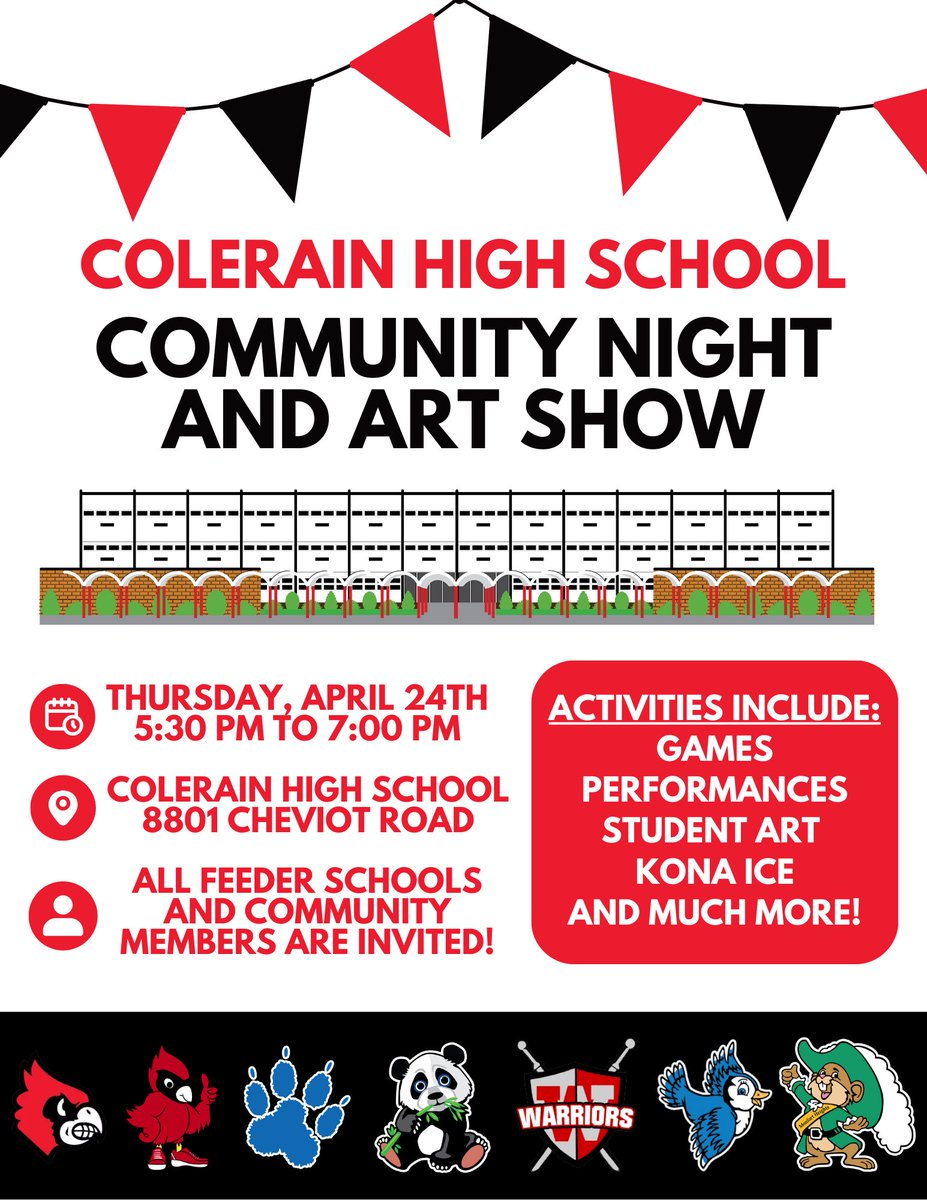 Join us THIS THURSDAY for our Community Night and Art Show!

We will have fun and games for the whole family, and featured art from students at Colerain High School, Colerain Middle, White Oak Middle, Colerain Elementary, Montfort Heights Elementary, and Struble Elementary!