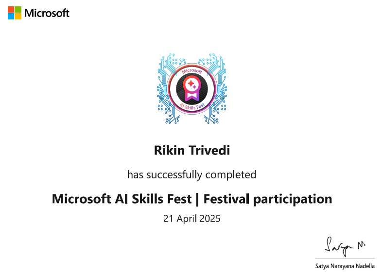 Earned my "Microsoft AI Skills Fest | Festival participation" badge! I’m so proud to be celebrating this achievement and hope this inspires you to start your own <a href="/MicrosoftLearn/">Microsoft Learn</a> journey!

#MicrosoftAILearning #LifelongLearning #AI #Upskilling #Azure #SimplyRik #TechCommunity