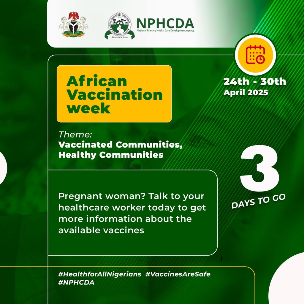 NphcdaNG's tweet photo. Are you a woman of child bearing age? Talk to your healthcare worker today to get more information about available vaccines.
#AVW2025
#NPHCDA
#WHO
#UNICEFNigeria
#CCSI
#HealthforAllNigerians https://t.co/LP5mzswFiz