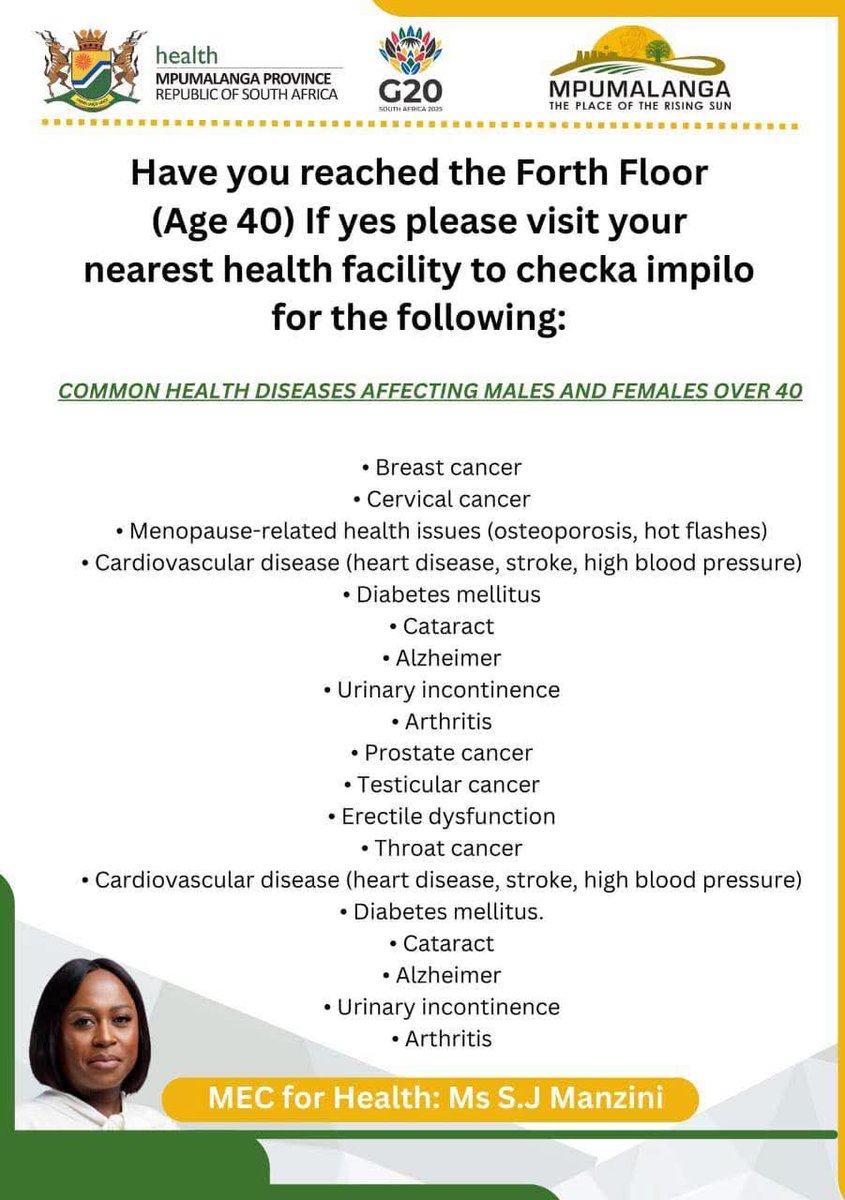 MpuHealth1's tweet photo. Please visit your nearest healthcare facility for a medical examination to facilitate early diagnosis and prompt treatment of ailments.
#CheckImpilo
#KnowYourHealthStatus.
#LetsGrowMpumalangaTogether
#LeaveNoOneBehind
#HealthcareForAll https://t.co/DxGfxAHExC