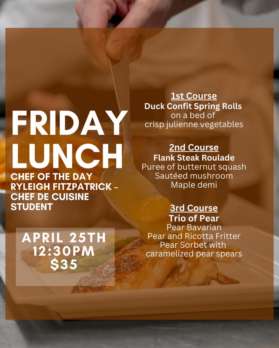 We have a few spots available for our lunch this week!
Contact us to book your reservation for our April 25th lunch! ⁠
(519) 743-8335⁠
⁠
#food #chef #chefschool #culinarycollege #kwawesome #studentchef #culinaryarts #chefstable #tastingmenu #ExploreWR #dinner #curatedkw