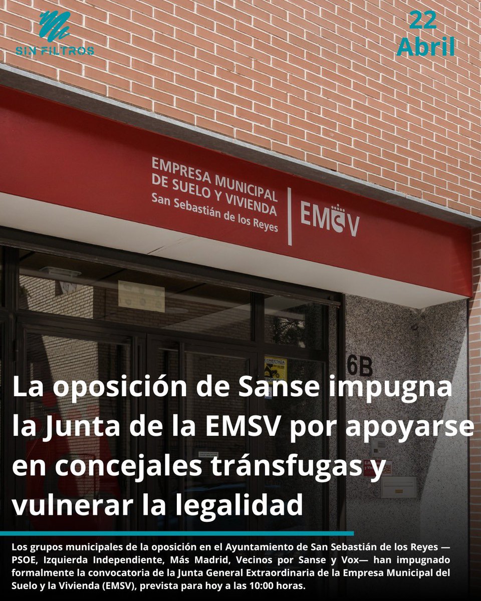 🔷 La oposición de Sanse impugna la Junta de la EMSV por apoyarse en concejales tránsfugas y vulnerar la legalidad

📣 Los grupos municipales de la oposición en el Ayuntamiento de San Sebastián de los Reyes —PSOE, Izquierda Independiente, Más Madrid, Vecinos por Sanse y Vox.