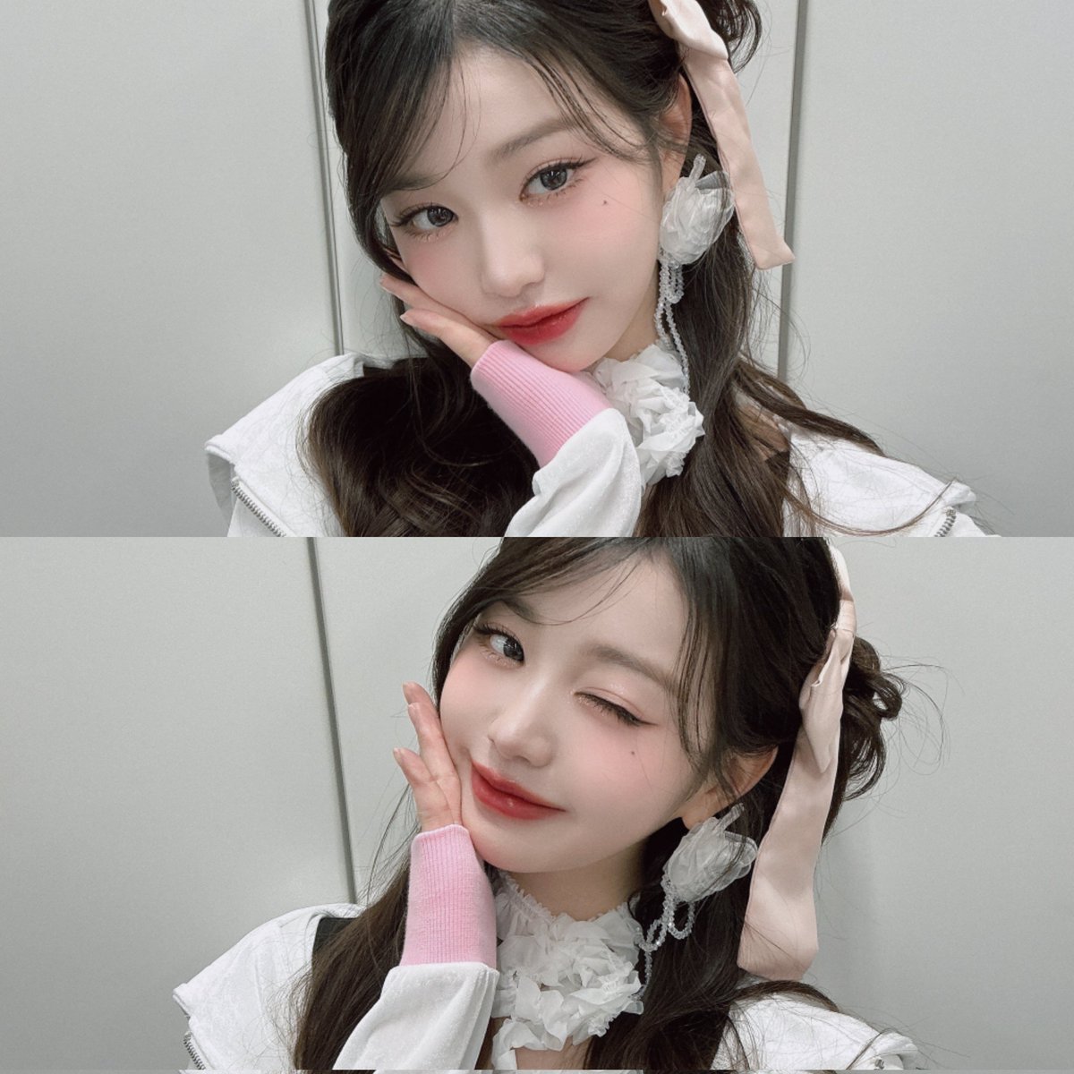 Peek-a-boo! Lookin' like a fairy bunbun today with my pigtails and floofy bows. I put my cheeky on my palm 'cause I felt extra sprinkle-pretty. Blinked one eye like a wink star >_★ did it work? I'm just a lil dolly trying to beam cuteness with all my might. Did I charm ya a bit?