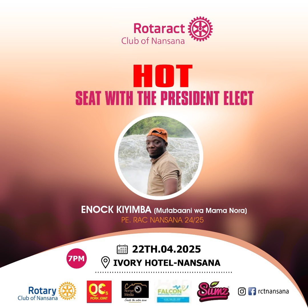 **🚀 *SAVE THE DATE!* 🚀**  

**🔥 HOT SEAT ALERT!**  
An *exclusive* fireside chat with **PE Enock Kiyimba**, President-Elect of Rotaract Club of Nansana 24/25.  

📌 **When?** 22nd April 2025 | 7PM Sharp!  
📍 **Where?** Ivory Hotel-Nansana