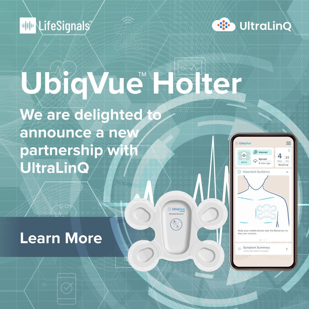 LifeSignalsInc's tweet photo. We're excited to announce the launch of our UbiqVue 2AYe Holter System in partnership with @UltraLinQ at #HRS2025! The complete solution is designed to transform cardiac monitoring with same day report delivery and zero device returns. Learn more: https://t.co/w7GqY63Xol https://t.co/cYbBbeKgGD
