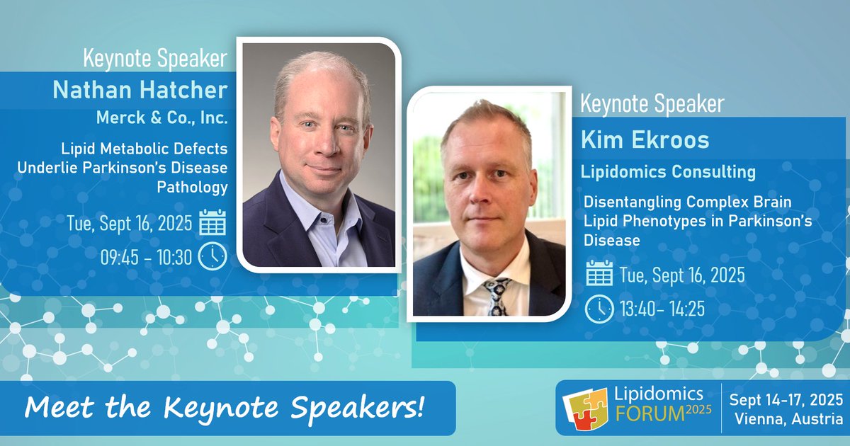 Lipidomics.at (@ahrends15) on Twitter photo Dr. Nathan Hatcher and Dr. Kim Ekroos will give keynotes at this year’s Lipidomics Forum, exploring the role of lipids in Parkinson’s Disease. We look forward to their insights! 🧠🧪
See: lipidomics.at/lipidomics-for…
<a href="/LipidomicsForum/">10th Lipidomics Forum</a> <a href="/___iLS____/">International Lipidomics Society</a> <a href="/Merck/">Merck</a>
#Parkinsons #lipids #brain Dr. Nathan Hatcher and Dr. Kim Ekroos will give keynotes at this year’s Lipidomics Forum, exploring the role of lipids in Parkinson’s Disease. We look forward to their insights! 🧠🧪
See: lipidomics.at/lipidomics-for…
<a href="/LipidomicsForum/">10th Lipidomics Forum</a> <a href="/___iLS____/">International Lipidomics Society</a> <a href="/Merck/">Merck</a>
#Parkinsons #lipids #brain
