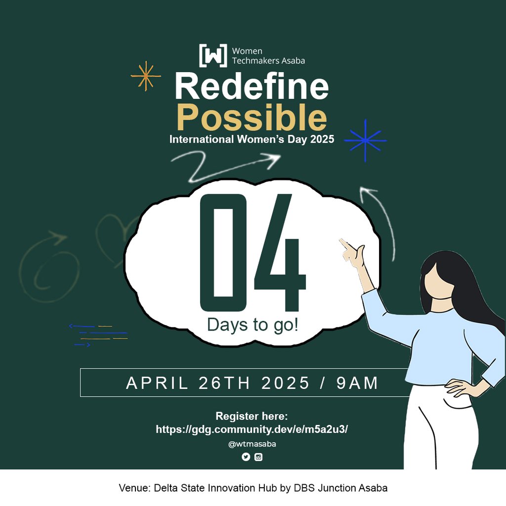 WtmAsaba's tweet photo. 4 DAYS TO GO!

Can you feel the excitement? Our International Women’s Day event is just around the corner,and trust us, you don’t want to miss it!

Get ready for powerful stories, fun moments, and real inspiration.

We’re counting down, are you? https://t.co/HdyVqY0kOq