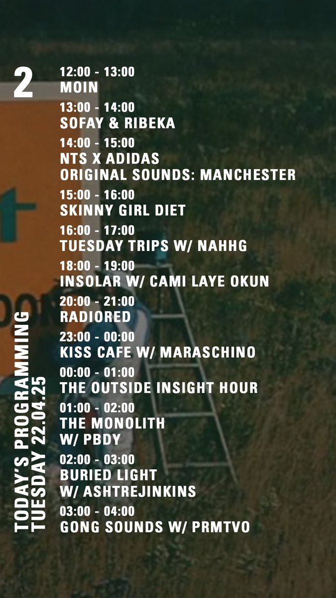 today on nts.live/2
<a href="/ssofay/">Sofay</a> <a href="/skinnygirldiett/">Skinny Girl Diet</a> <a href="/nahhmyg/">naj</a> <a href="/maraschinoxo/">Maraschino</a> <a href="/paulpbdy/">PBDY</a> <a href="/AshTreJinkins/">ASHTREJINKINS</a> <a href="/prmtvo/">PRMTVO</a>