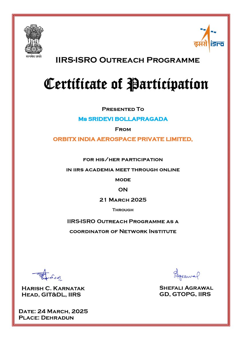 🎉 Huge congratulations to Ms. Sridevi Bollapragada for her stellar participation as Coordinator of Network Institute at the IIRS Academia Meet! Representing OrbitX India Aerospace Pvt. Ltd., Jaipur, through the IIRS-ISRO Outreach Programme, her dedication shines bright!