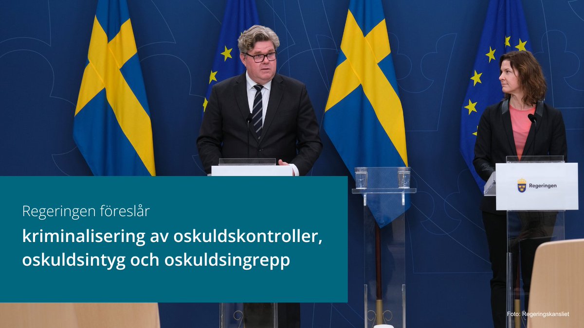 I syfte att stärka skyddet för de flickor och kvinnor som lever i en hederskontext föreslår regeringen kriminalisering av oskuldskontroller, oskuldsintyg och oskuldsingrepp.

Läs mer➡️regeringen.se/pressmeddeland…

<a href="/arbetsmarkdep/">Arbetsmarknadsdepartementet</a>
