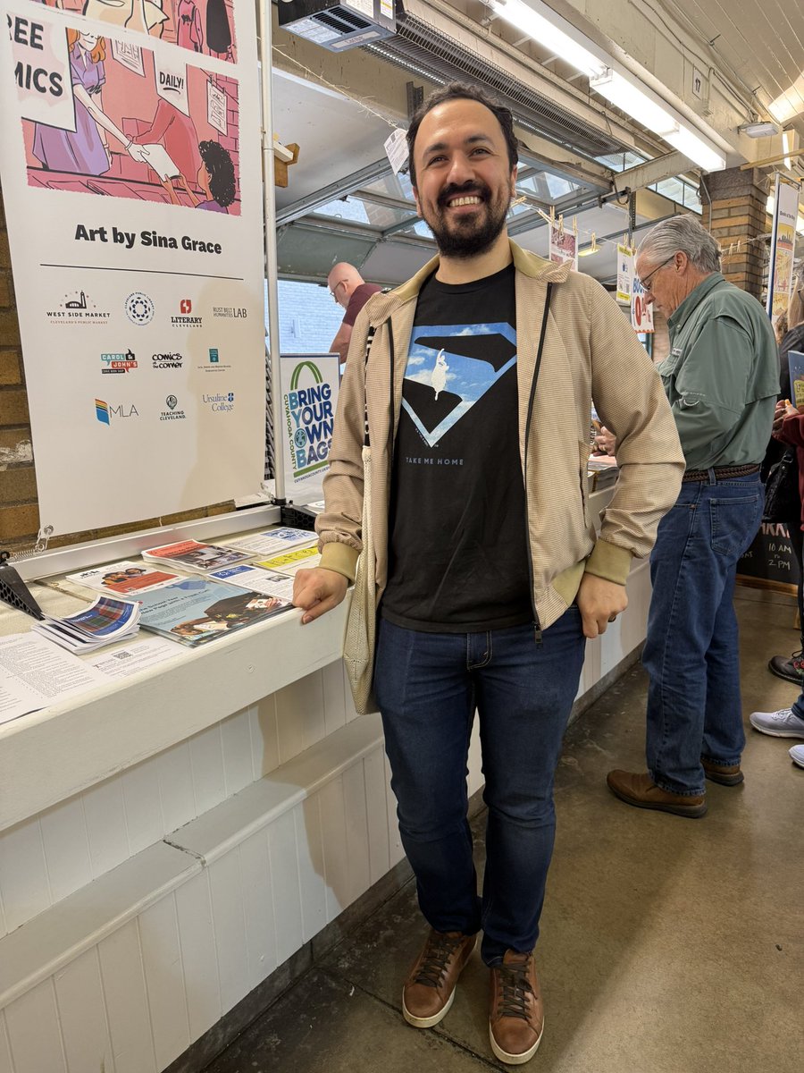 SkrticX's tweet image. Snapped this pic of Dr. Valentino Zullo at the West Side Market — a true Cleveland gem. Assistant Prof. at Ursuline, Anisfield-Wolf Fellow, co-director of Rust Belt Humanities Lab, and co-founder of Get Graphic at @Cleveland_PL. Always a joy working with him on lit events.