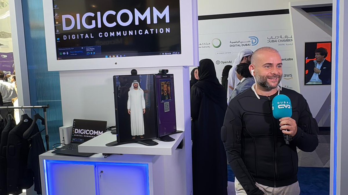 DigiCommUAE's tweet photo. An unforgettable moment at #DubaiAIWeek!
HH Sheikh Hamdan visited the DigiComm booth as we showcased AI-powered multi-sensory experiences with Teslasuit—redefining training, simulation &amp; gaming in the Metaverse.
Thanks @DubaiFuture for the platform! 
#DigiComm #DubaiAIWeek2025 https://t.co/9A5abu66hF