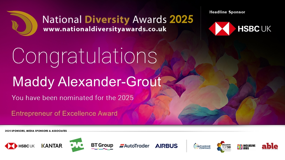 Congratulations to Maddy Alexander-Grout <a href="/maddyalexanderg/">Maddy Alexander-Grout</a> who has been nominated for the Entrepreneur of Excellence Award at The National Diversity Awards 2025 in association with <a href="/HSBC_UK/">HSBC UK</a>. To vote please visit nationaldiversityawards.co.uk/awards-2025/no… #NDA25 #Nominate #VotingNowOpen