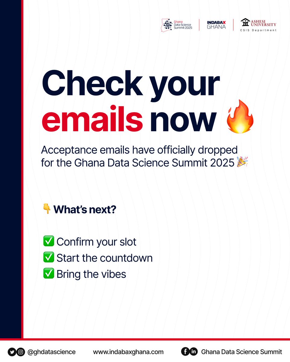 ghdatascience's tweet image. If you applied to #participate in this year's Ghana Data Science Summit, now is the perfect time to check your #inbox for updates. We can't wait to #share and connect with you during the #conference.

#GDSS2025 #IndabaXGhana2025 #DataScience #AI