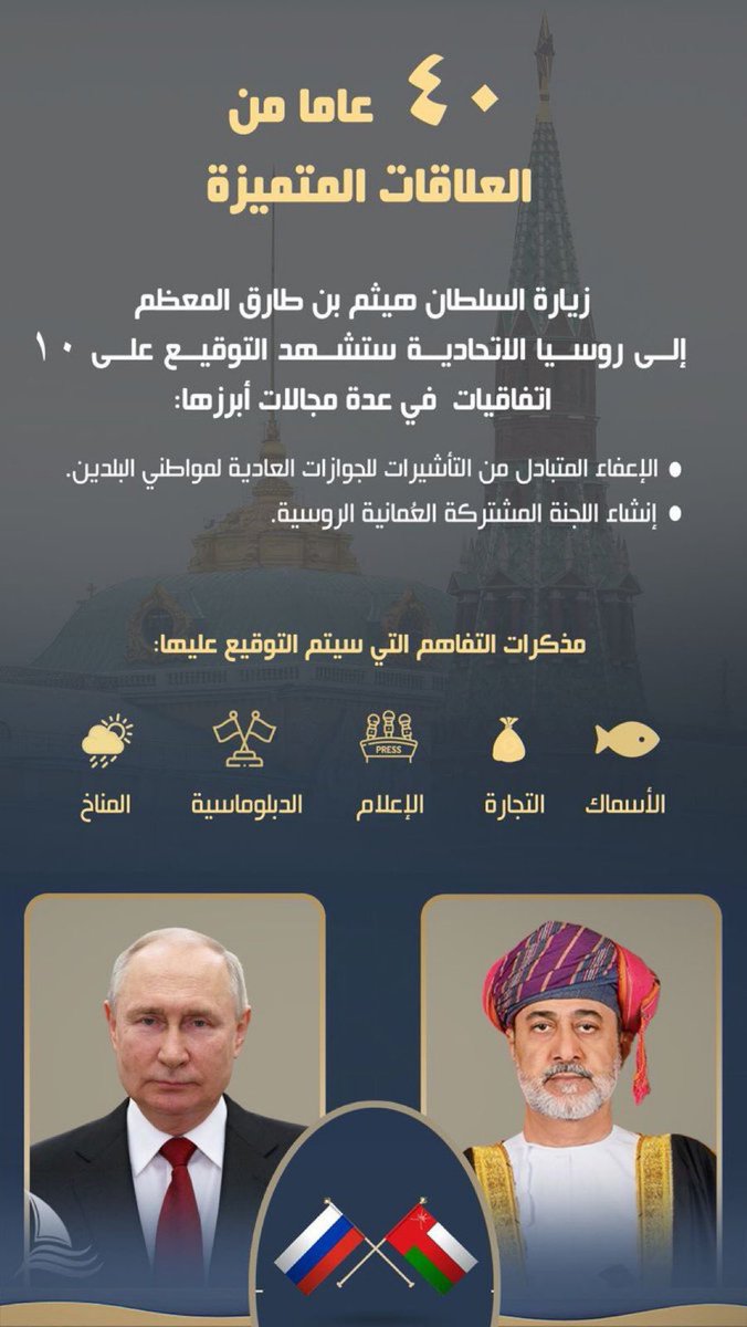 أهم الاتفاقيات التي ستوقع بين البلدين 🇴🇲🇷🇺

#السلطان_هيثم_في_روسيا