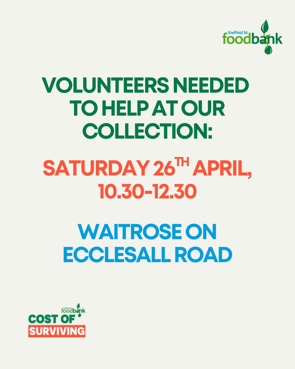 S6Foodbank (@s6foodbank) on Twitter photo Got a couple of spare hours on Saturday? Can you help support our foodbank collection at Waitrose on Ecclesall Road?
Please message info@sheffields6.foodbank.org.uk if you can help ๐ฒ
#Volunteering #Sheffield #Foodbanks <a href="/HelpSheffield/">Help Sheffield</a> Got a couple of spare hours on Saturday? Can you help support our foodbank collection at Waitrose on Ecclesall Road?
Please message info@sheffields6.foodbank.org.uk if you can help ๐ฒ
#Volunteering #Sheffield #Foodbanks <a href="/HelpSheffield/">Help Sheffield</a>