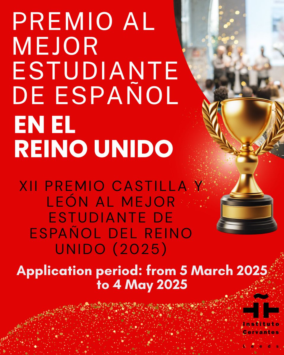 Instituto Cervantes Leeds (@ic_leeds) on Twitter photo 🎓🇪🇸 Applications are now open for the XII Castilla y León Prize for the Best Spanish Student in the UK (2025)! 🇬🇧
Do you know an outstanding Spanish language student? This is their moment! 🏆
educacionfpydeportes.gob.es/reinounido/con…
educacionfpydeportes.gob.es/reinounido/dam…
#Spanish #Spain #Leeds 🎓🇪🇸 Applications are now open for the XII Castilla y León Prize for the Best Spanish Student in the UK (2025)! 🇬🇧
Do you know an outstanding Spanish language student? This is their moment! 🏆
educacionfpydeportes.gob.es/reinounido/con…
educacionfpydeportes.gob.es/reinounido/dam…
#Spanish #Spain #Leeds