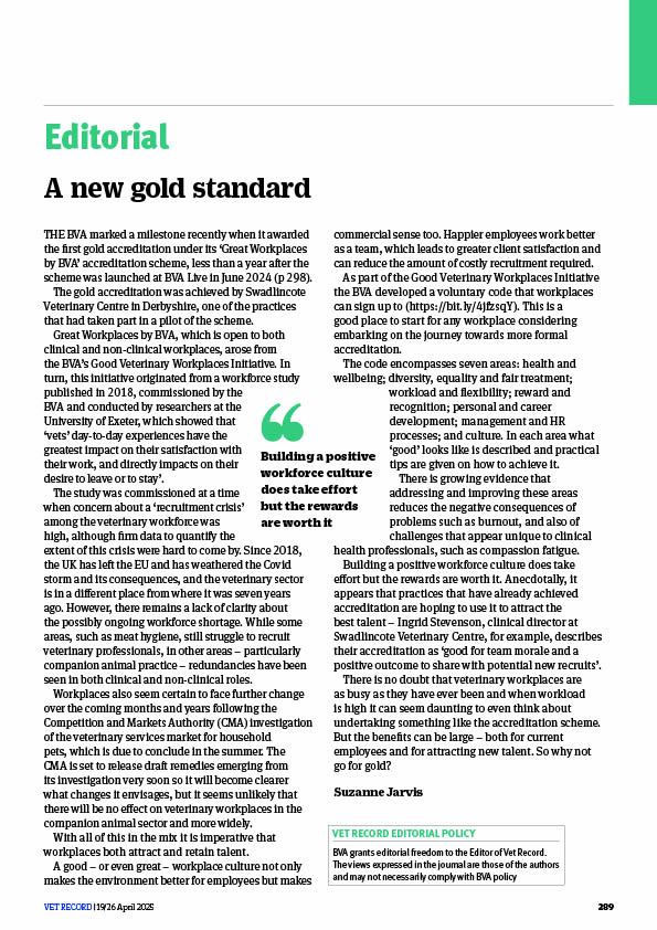 Vet Record (@vet_record) on Twitter photo 'Why not go for gold?' asks Suzanne Jarvis in her latest editorial highlighting the 'Great Workplaces by BVA' accreditation scheme 🥇
Read more of the latest issue at: ow.ly/Zsv650VFlX9 'Why not go for gold?' asks Suzanne Jarvis in her latest editorial highlighting the 'Great Workplaces by BVA' accreditation scheme 🥇
Read more of the latest issue at: ow.ly/Zsv650VFlX9