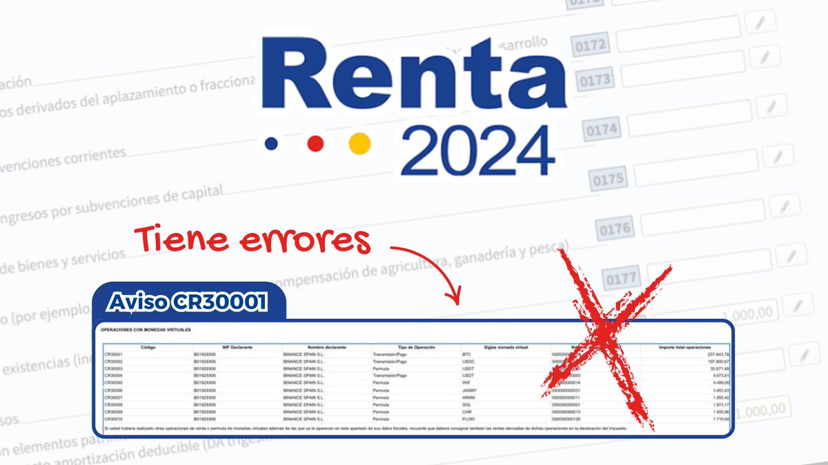 AVISO CR30001: ¿tiene errores? 🔎

Has recibido el aviso CR30001, y al revisar la lista de operaciones, te das cuenta que tiene errores.

Te cuento los 5 errores más comunes y cómo actuar al respecto.

Dentro hilo 🧵👇