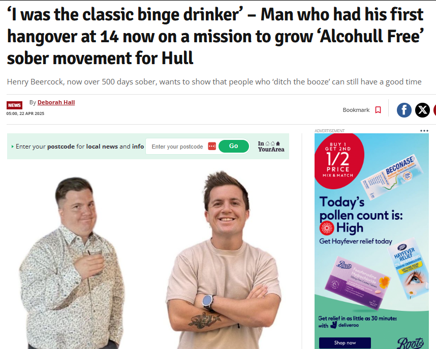 rd_pentest's tweet photo. @peter_levy Please have a look at this piece in HDM, worth picking up for Look North. Good wholesome news 
‘I was the classic binge drinker’ – Man who had his first hangover at 14 now on a mission to grow ‘Alcohull Free’ sober movement for Hull - Hull Live https://t.co/919eaMINNC