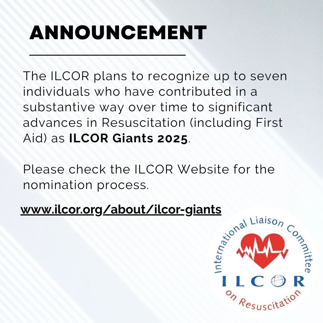 🌟Nominate ILCOR Giants 2025
🙌ILCOR plans to again recognize up to seven individuals who have contributed in a substantive way over time to significant advances in Resuscitation (including First Aid).
Please click here for the nomination process.
👉ilcor.org/about/ilcor-gi…
#ILCOR