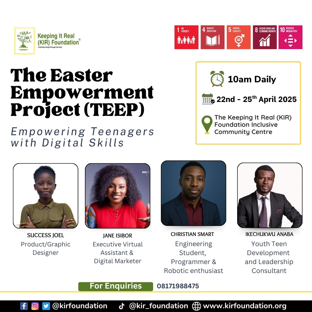 Keeping It Real Foundation (@kirfoundation) on Twitter photo Meet our amazing facilitators for The #Easter #Empowerment Project (#TEEP) 2025!
#Thanks <a href="/ik_tbdb/">IAmIkechukwuAnaba</a>, @successjoel, @ChristianSmart & @JaneIsibor & for partnering with us to empower underserved #YOUTH with & without #disabilities with #ICT skills from the 22nd to the 25th of April! Meet our amazing facilitators for The #Easter #Empowerment Project (#TEEP) 2025!
#Thanks <a href="/ik_tbdb/">IAmIkechukwuAnaba</a>, @successjoel, @ChristianSmart & @JaneIsibor & for partnering with us to empower underserved #YOUTH with & without #disabilities with #ICT skills from the 22nd to the 25th of April!