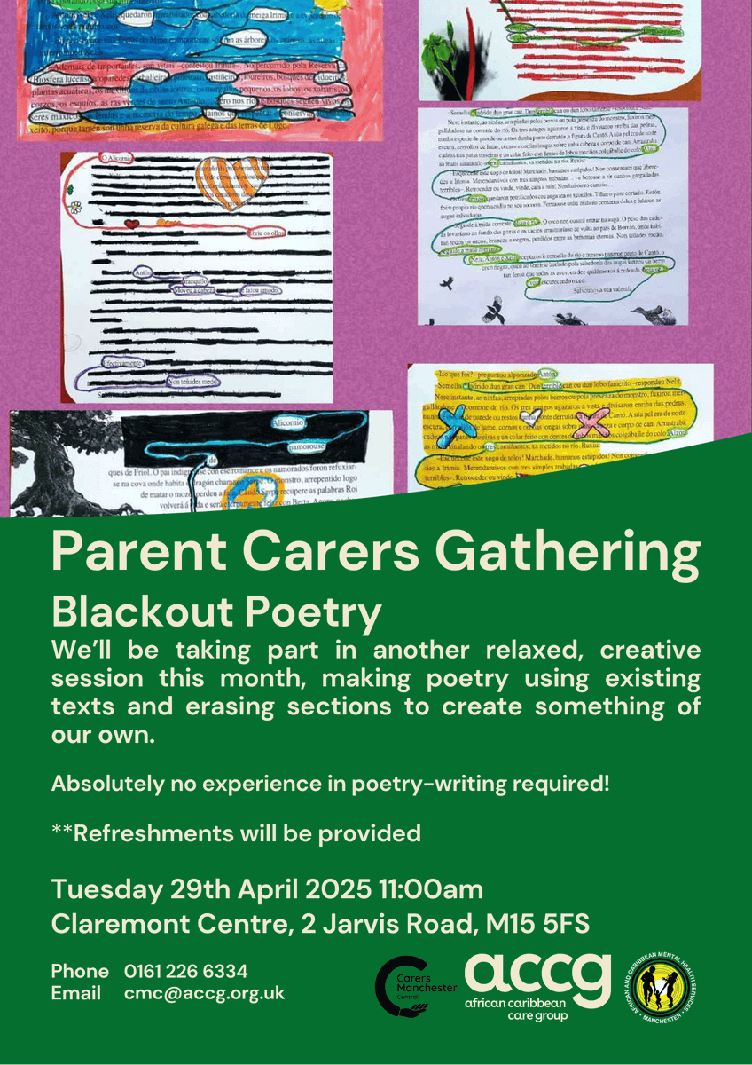 We're excited to announce our April Parent Carer Gathering where we'll be making Blackout Poetry! This is a fun, simple technique that involves taking existing text from books and removing chosen portions, leaving us with something uniquely ours. 
#parentcarers