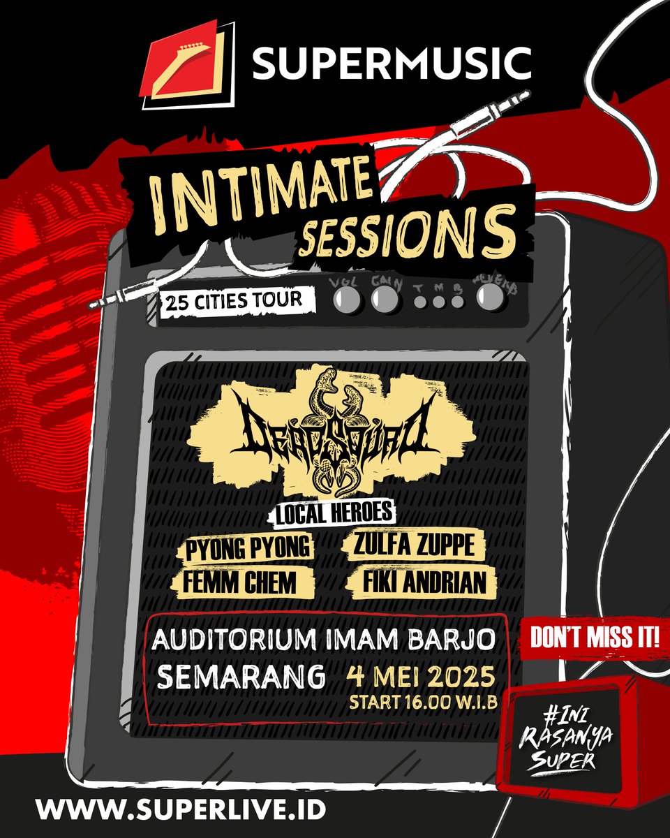 Intimate Sessions menuju kota Semarang nih Superfriends! 

Kali ini bakal dibikin seru sama <a href="/DEADSQUAD_Band/">DeadSquad Official</a> lewat ACOUSTIC SET, bareng sama Local Heroes musik <a href="/pyongpyongrock/">Pyong Pyong</a> dan <a href="/femmchem/">Femm Chem</a>, serta art ada <a href="/zulfazuppe/">Jupe</a> dan <a href="/annddriann/">carolinesweet</a>.

Pastiin lo terlibat keseruan yang bakal