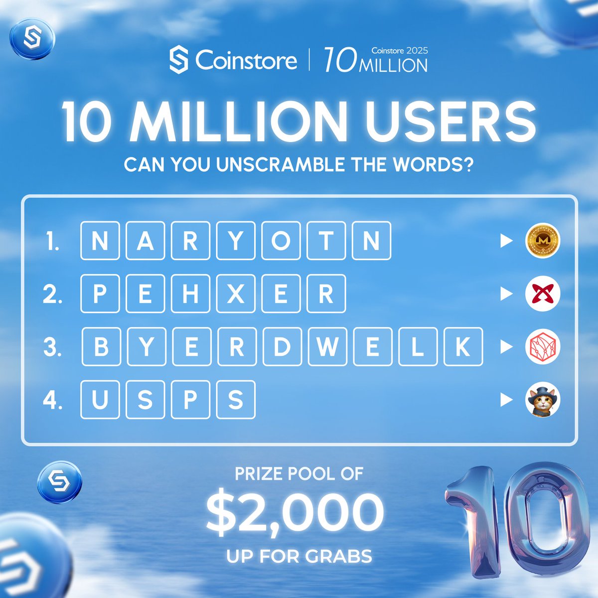 🎉 Back-to-Back Airdrops? Yes, Please!  Unscramble the word puzzle and stand a chance to win $2,000 worth of $MOL, $XP, $RBNT, $PUSS !   

How to enter: 
🔹 Follow <a href="/CoinstoreExc/">Coinstore</a> and <a href="/AnrytonTech/">Anryton Technology</a>, <a href="/Xphere_official/">Xphere</a>, <a href="/RedbellyNetwork/">Redbelly Network</a>, <a href="/pussmemecoin/">$PUSS</a>
🔹 Like, RT and comment your