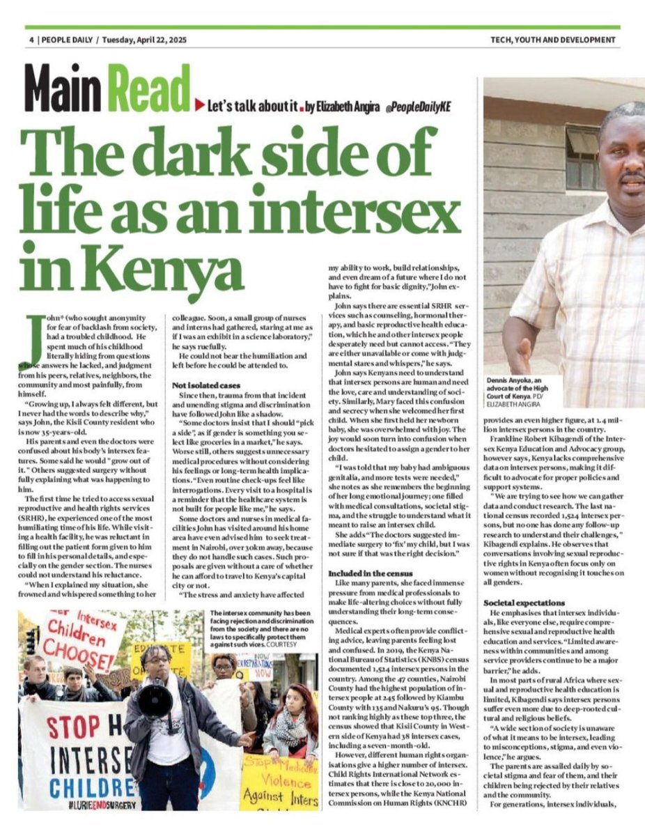 Elizabeth Angira (@elizabethangir1) on Twitter photo The dark side of life as an intersex in Kenya
<a href="/intersex_kenya/">intersexpersonskenya🇰🇪💬</a>
<a href="/IntersexJustice/">Intersex Justice Project</a>
Story via <a href="/PeopleDailyKe/">PEOPLE DAILY</a>
epaper.peopledaily.digital/html5/reader/p… The dark side of life as an intersex in Kenya
<a href="/intersex_kenya/">intersexpersonskenya🇰🇪💬</a>
<a href="/IntersexJustice/">Intersex Justice Project</a>
Story via <a href="/PeopleDailyKe/">PEOPLE DAILY</a>
epaper.peopledaily.digital/html5/reader/p…