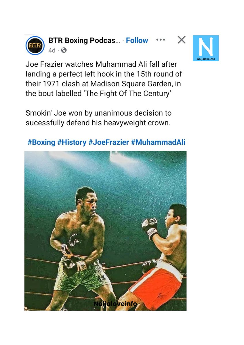 naijaloveinfo's tweet photo. The first of the trilogy between Muhammad Ali and Joe Frazier in 1971
Both boxers were legends in the world of boxing ๐ฅ will never forget?
Which other trilogy match beat the Ali Vs Frazier trilogy?
#naijaloveinfo #boxingday #boxinglife #boxingdays https://t.co/ydRGS7dK0f