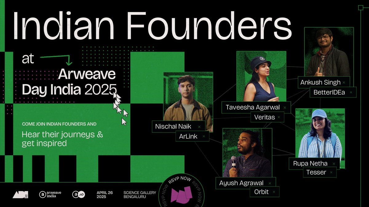 Arweave India (@arweaveindia) on Twitter photo All the success stories of founders from our cohorts began as ideas that turned into full time projects
At Arweave Day India, join <a href="/ankushKun_/">Ankush | ar://subspace</a>, <a href="/naik_nischal/">internettrash | Arlink ⓐ</a>, <a href="/Lucifer0x17/">lucifer0x17 | 💫</a>, <a href="/0xLPircy/">0xLilith | Veritas 🫧</a> & <a href="/RupaNetha/">Rupa Netha | Tesser (aoVest)</a> in person to hear their journeys and get inspired 🇮🇳🐘 All the success stories of founders from our cohorts began as ideas that turned into full time projects
At Arweave Day India, join <a href="/ankushKun_/">Ankush | ar://subspace</a>, <a href="/naik_nischal/">internettrash | Arlink ⓐ</a>, <a href="/Lucifer0x17/">lucifer0x17 | 💫</a>, <a href="/0xLPircy/">0xLilith | Veritas 🫧</a> & <a href="/RupaNetha/">Rupa Netha | Tesser (aoVest)</a> in person to hear their journeys and get inspired 🇮🇳🐘