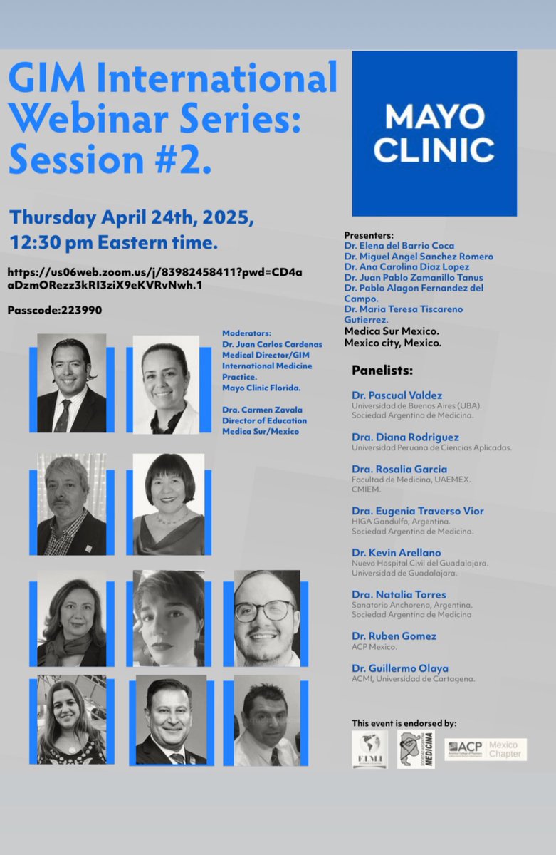 drjuancarlosmd's tweet photo. Looking forward to our Session #2 of the Mayo Clinic’s GIM International Webinar Series, with the participation of experts of Internal Medicine and academic institutions in Latin America to promote the academic connection with the consultants from our institution. @MayoGIMFL https://t.co/fA19YIQ3c5