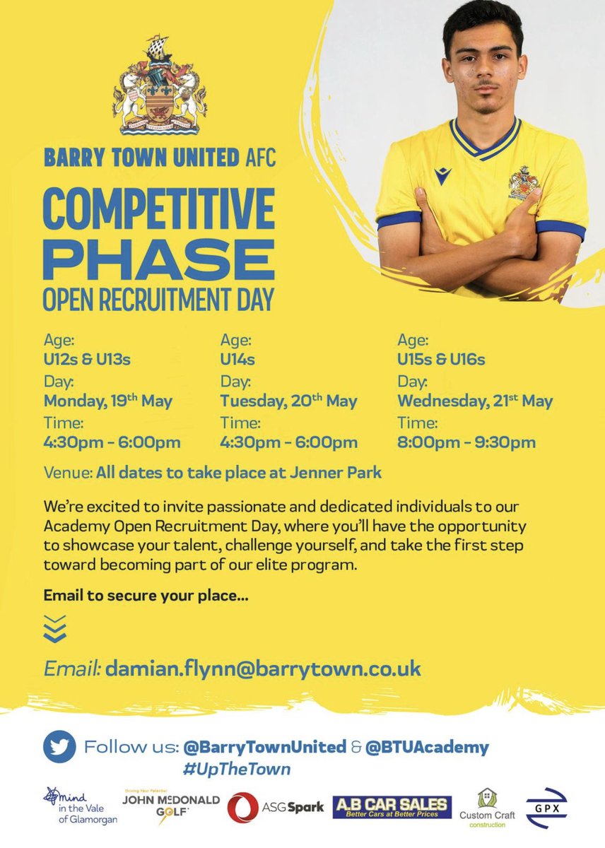 BTUAcademy (@btuacademy) on Twitter photo Think youβve got what it takes?
<a href="/BarryTownUnited/">Barry Town United</a> academy is holding Open Recruitment Days! βοΈ
Come showcase your talent and challenge yourself ahead of next season ππΌ
Note: Academy licence for the 25/26 season is subject to succesful audit completion in May! π€
<a href="/FAWPathway/">FAW Player Pathway</a> Think youβve got what it takes?
<a href="/BarryTownUnited/">Barry Town United</a> academy is holding Open Recruitment Days! βοΈ
Come showcase your talent and challenge yourself ahead of next season ππΌ
Note: Academy licence for the 25/26 season is subject to succesful audit completion in May! π€
<a href="/FAWPathway/">FAW Player Pathway</a>